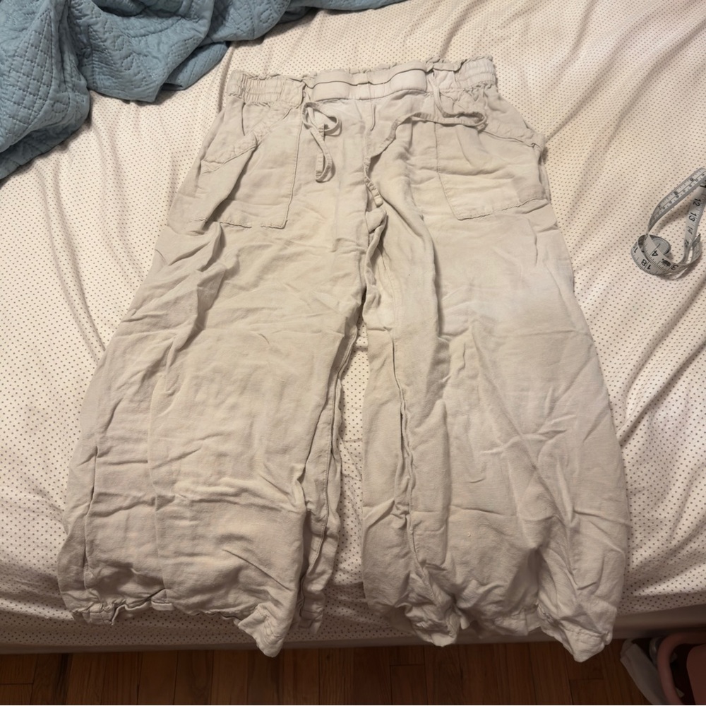 Loft Petite Linen Blend Beige Drawstring Wide Pants